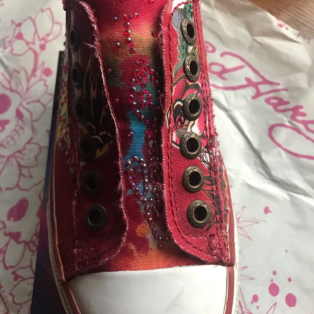 Ed Hardy Red Multicolor Women Canvas Sneakers - Picture 3 of 9